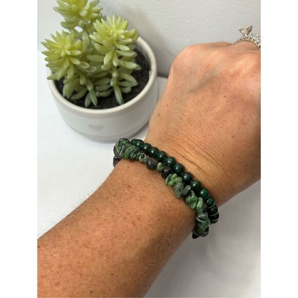 Malachite + Ruby Zoisite Gemstone Beaded Stretch Bracelets - Picture 6 of 6